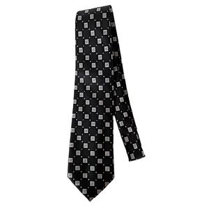 Jeffrey Banks Handmade 100% Silk Black and Silver Geometric Print Tie